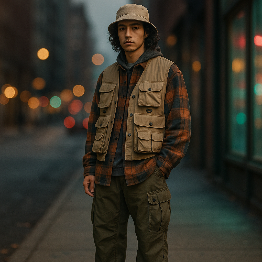 Anglercore Streetwear 2025 fishing vest outfit in urban style Anglercore Streetwear 2025 fishing vest outfit in urban style